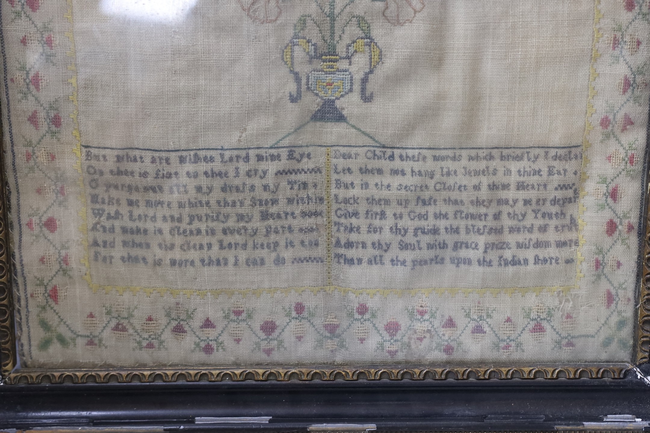 An 18th century framed silkwork sampler, 37x32cm excl frame